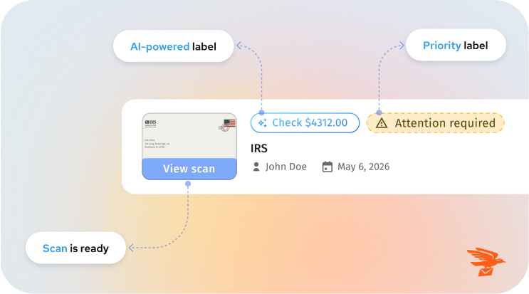 AI-powered virtual mail label showing an IRS check with priority and attention-required tags in US Global Mail

