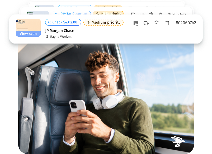 Person using the US Global Mail virtual mailbox on a smartphone while traveling, with scanned mail previews and priority labels displayed in the online mailbox dashboard.