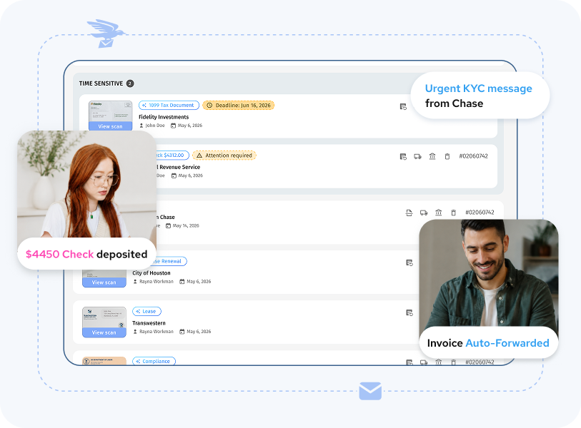 US Global Mail virtual mailbox showing check deposit confirmation and automated invoice forwarding alerts
