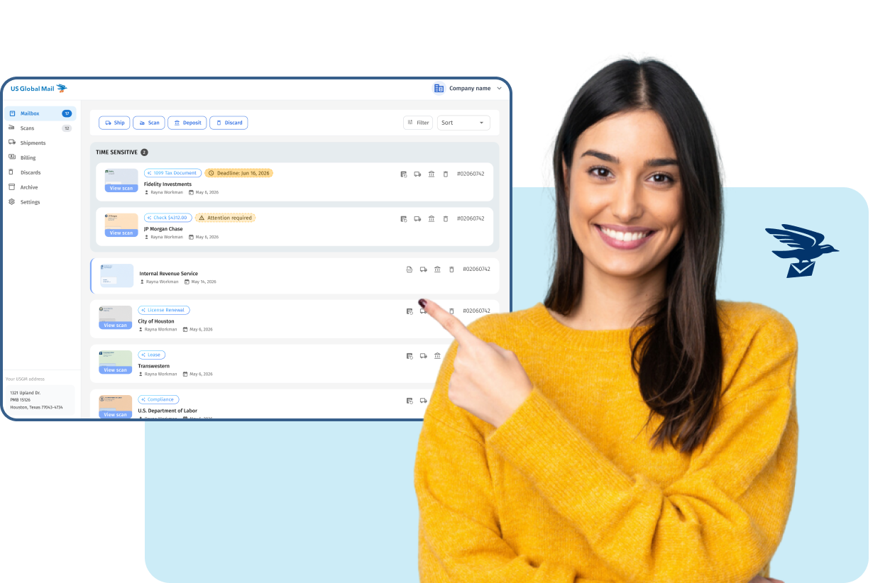 US Global Mail virtual mailbox inbox displaying scanned mail with tax documents, checks, and license renewal alerts