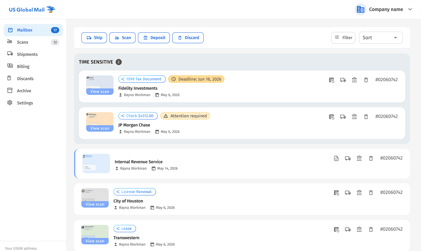 USGM mailbox Dashboard